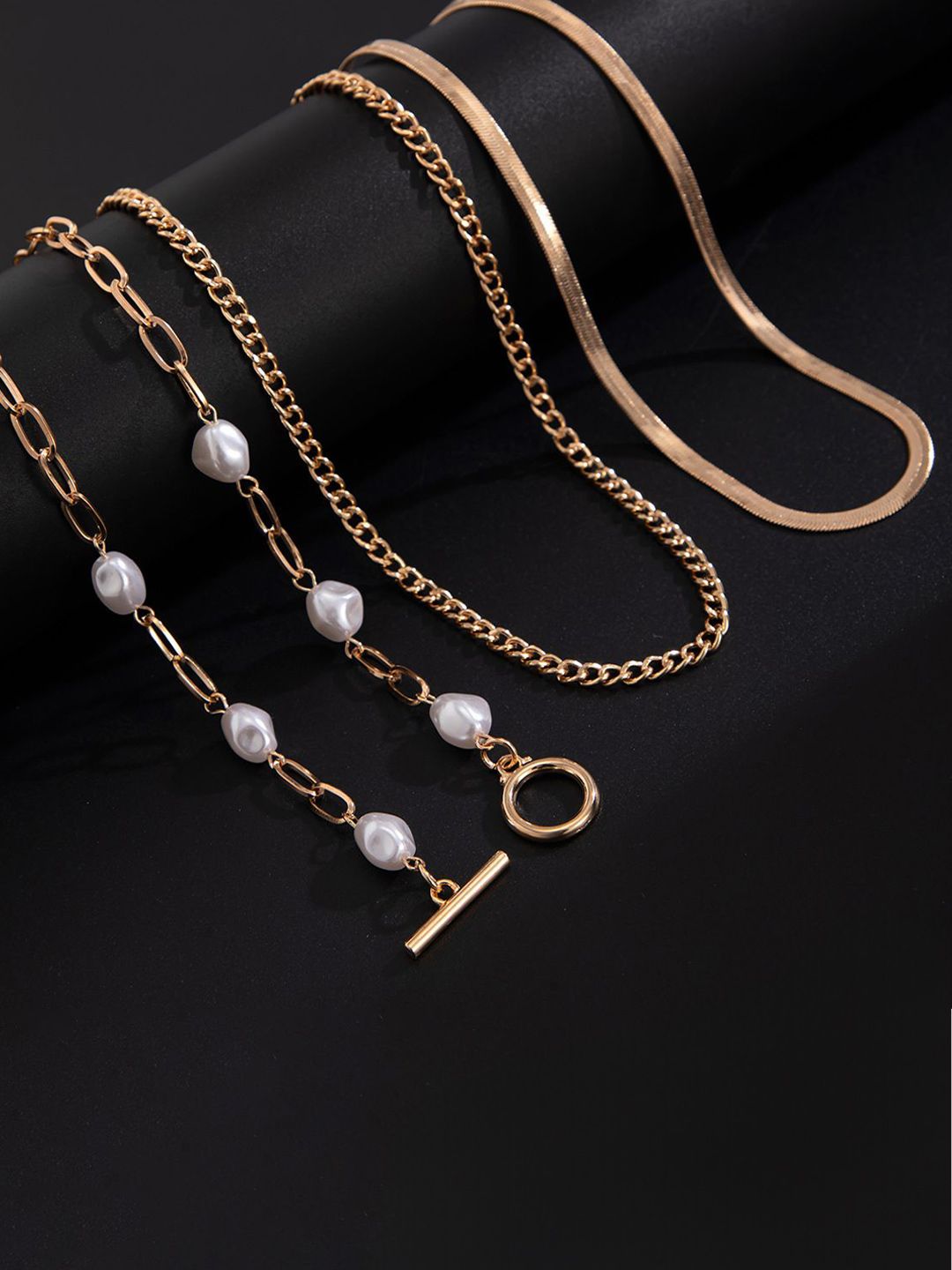 SEt Of 3 Gold-Plated Artificial Baeded MInimal Necklace