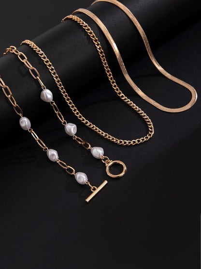 SEt Of 3 Gold-Plated Artificial Baeded MInimal Necklace