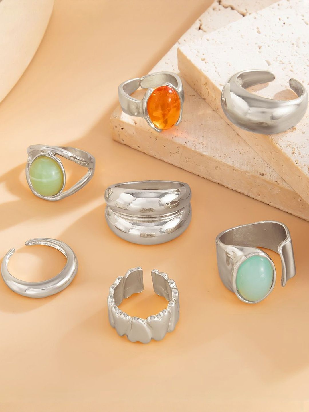Women Set Of 7 Silver-Plated Finger Rings