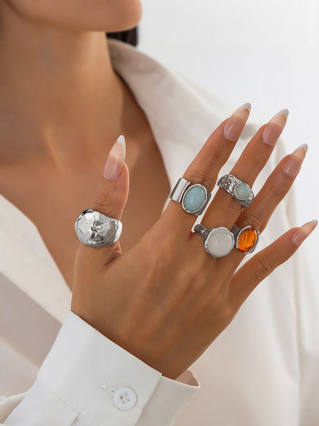 Women Set Of 5 Silver-Plating Adjustable Finger Ring