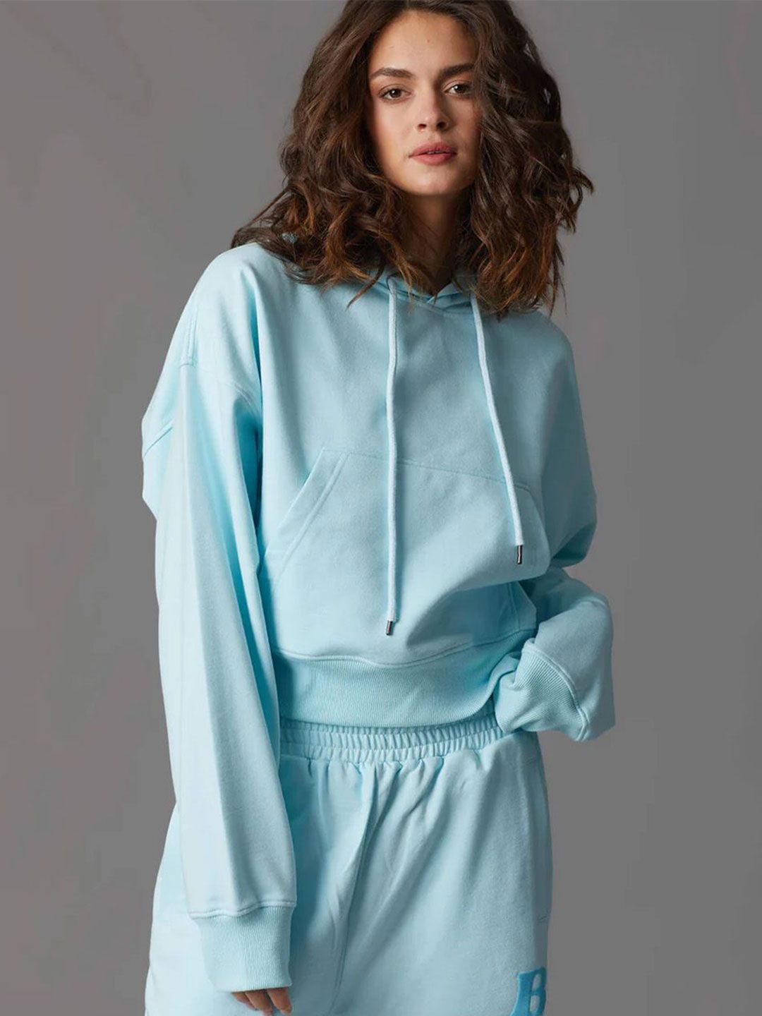 Women Blue Crop Hoodie Pullover Sweatshirt