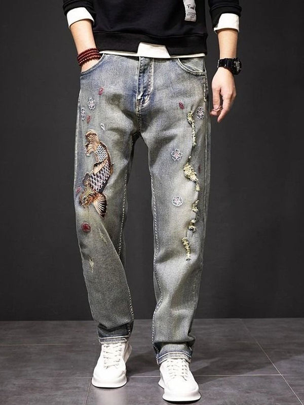 Men Relaxed Fit Mid-Rise Light Fade Applique Jeans