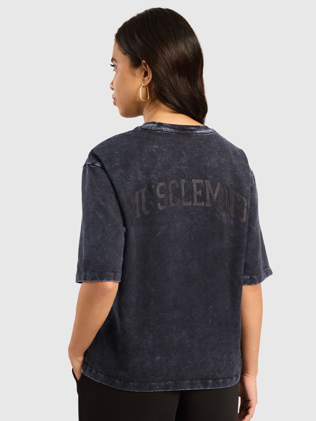 Women Typography Printed Round Neck Cotton Acid Wash Oversized T-shirt