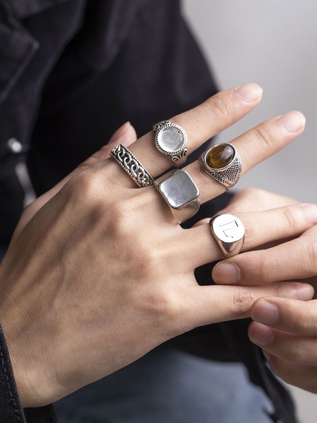 Set Of 5 Silver-Plated Finger Ring