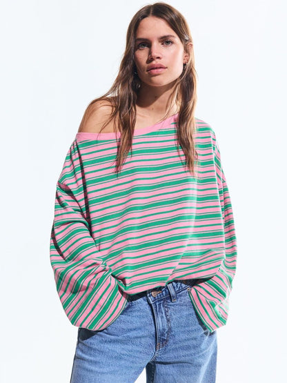 Printed asymmetric neck long sleeve T-shirt
