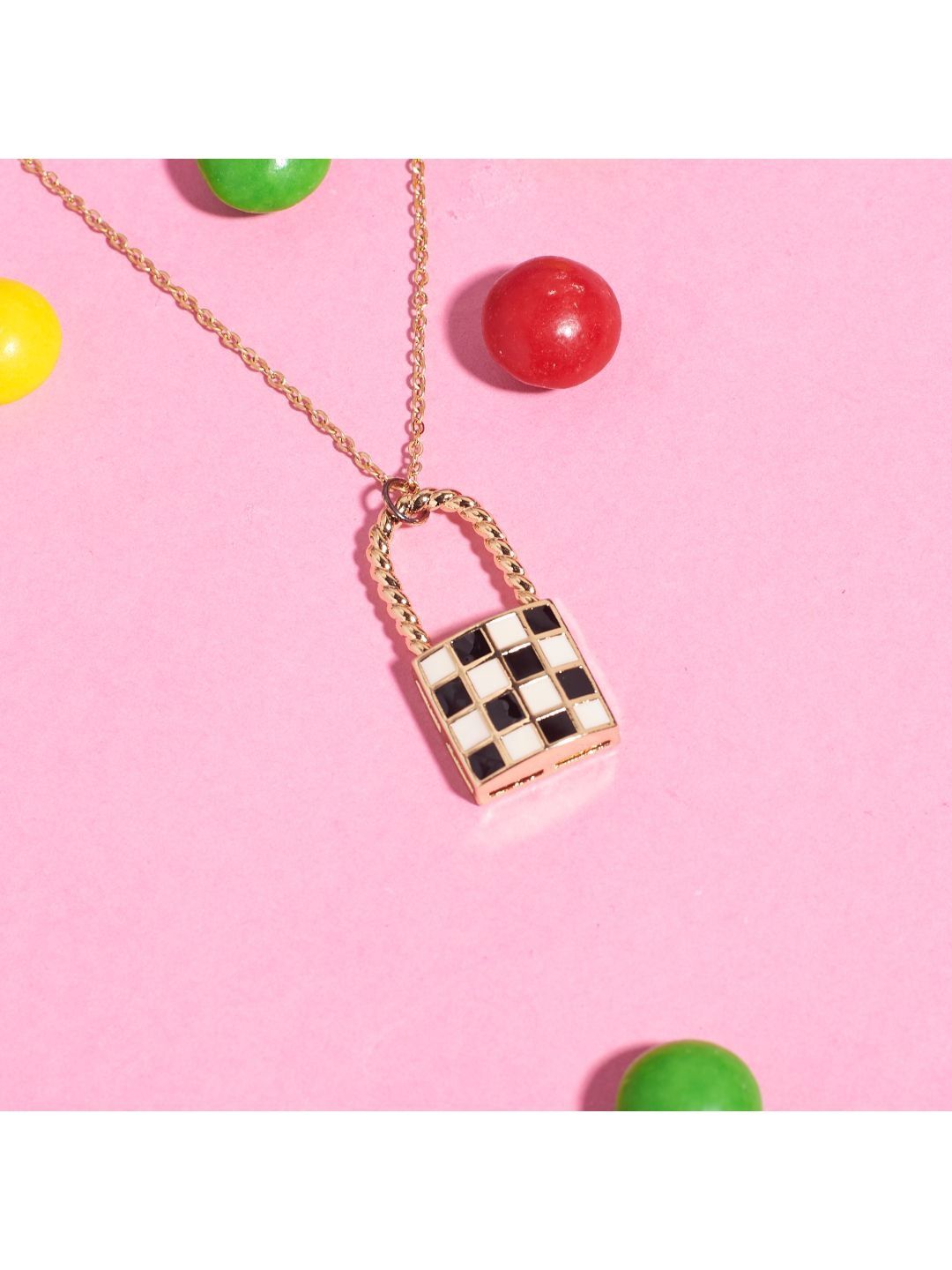 SALTY Black & White Checked & Lock Retro Necklace & Earrings