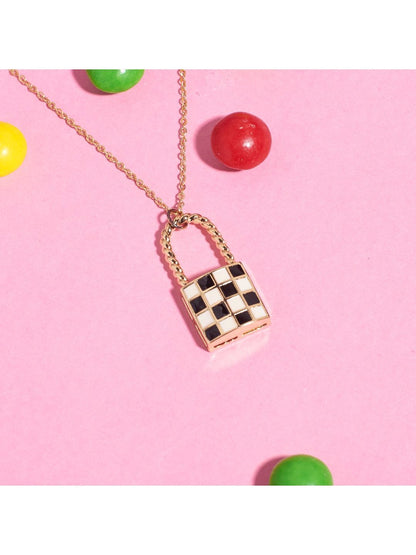 SALTY Black & White Checked & Lock Retro Necklace & Earrings