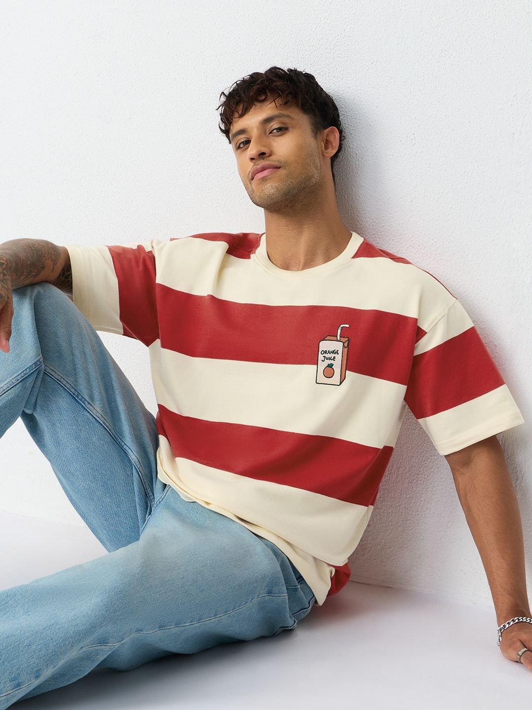 Striped Drop-Shoulder Sleeves Pure Cotton Oversized Tshirt