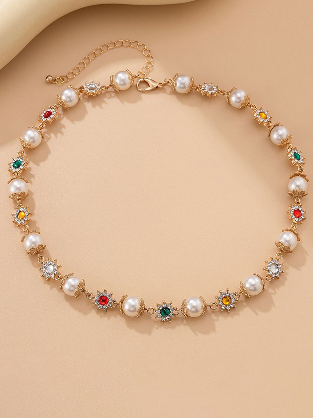 Gold-Plated Artificial Stones Studded & Pearls Beaded Necklace