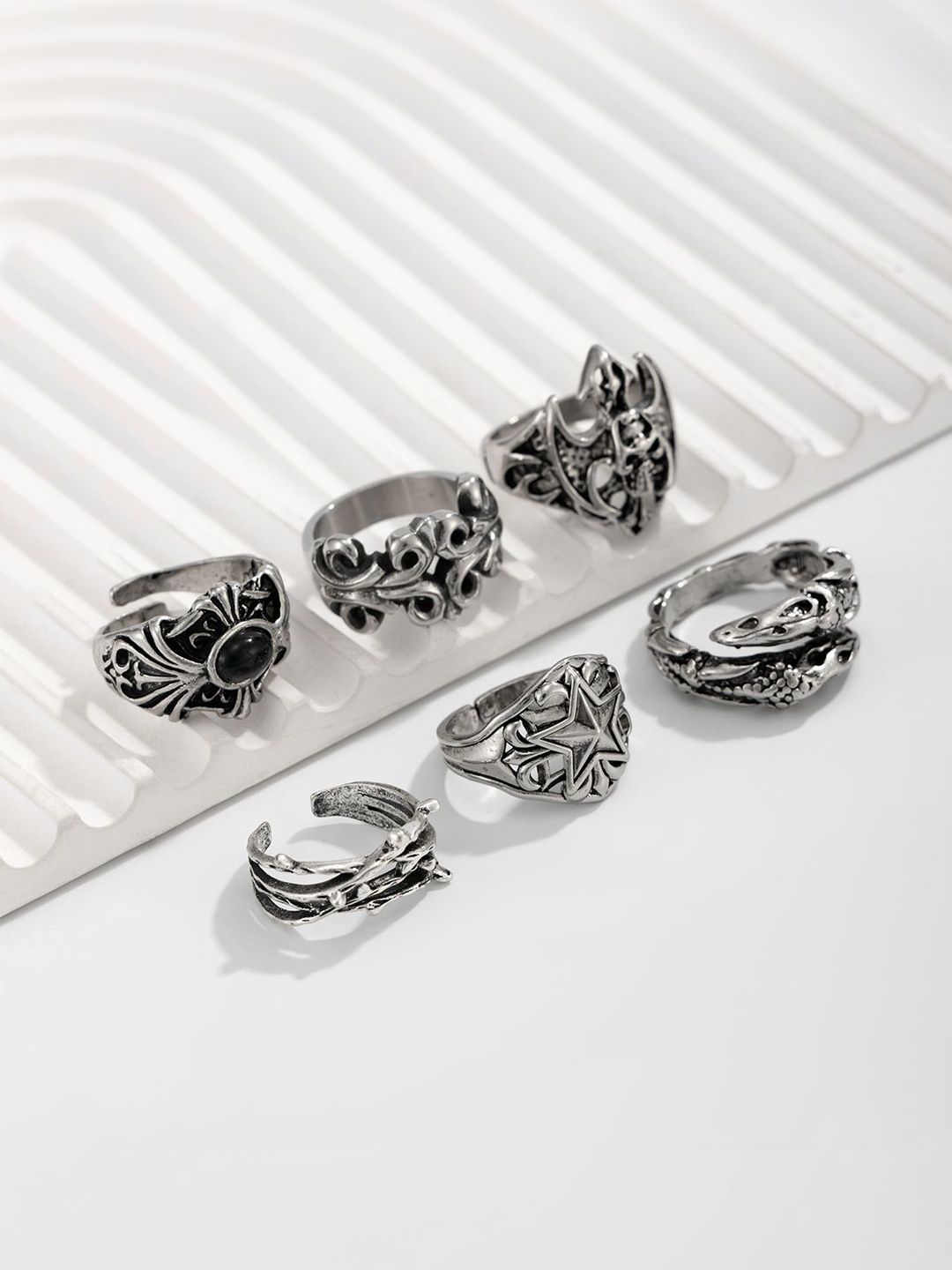 Men Set Of 6 Silver-Plated Finger Rings