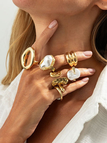 Set Of 6 Gold-Plated Beaded Adjustable Finger Rings