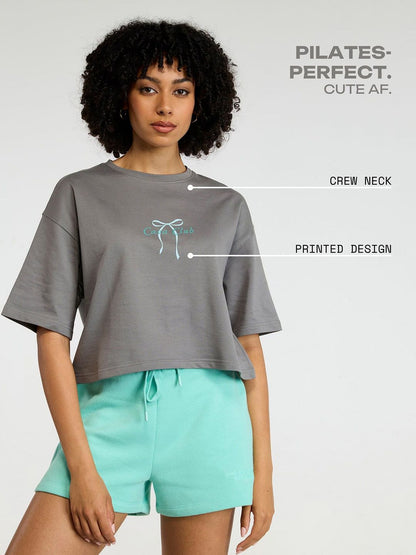 Women Grey-Blue Pilates Core Cropped Cotton Boxy Tee