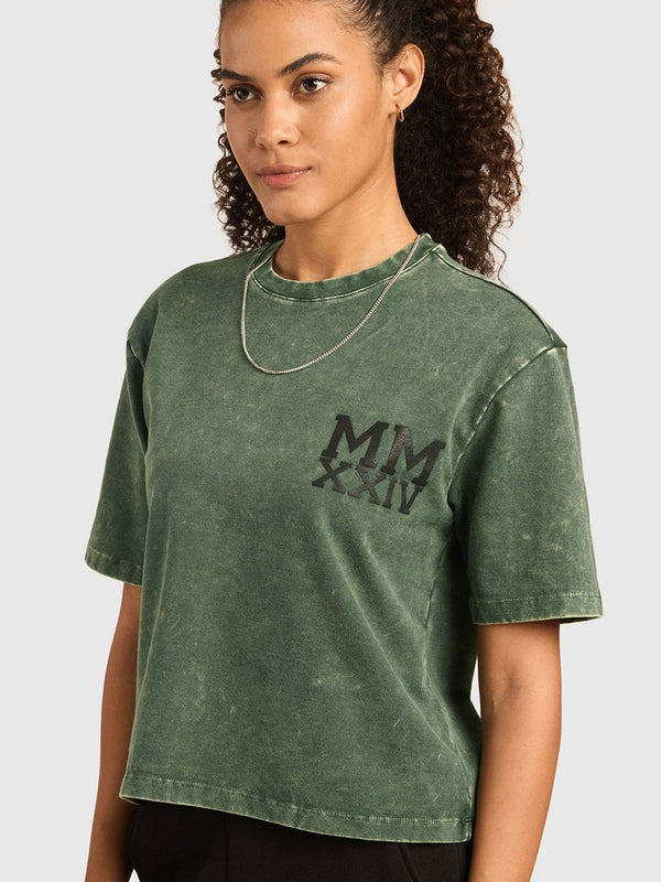 Women Typography Printed Acid Wash Cotton Oversized T-shirt