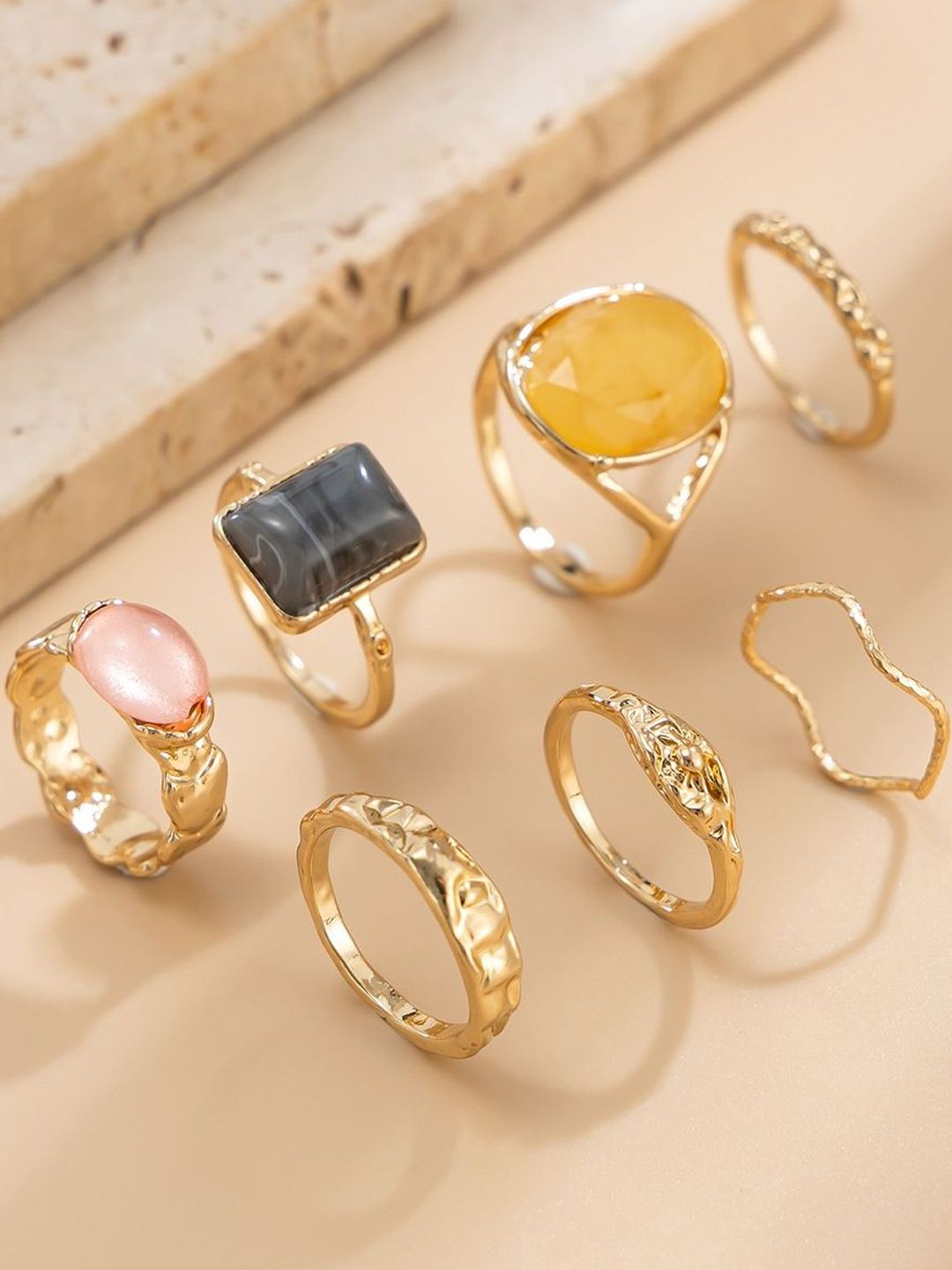 Set of 7 Gold-Plated Stone-Studded Finger Rings