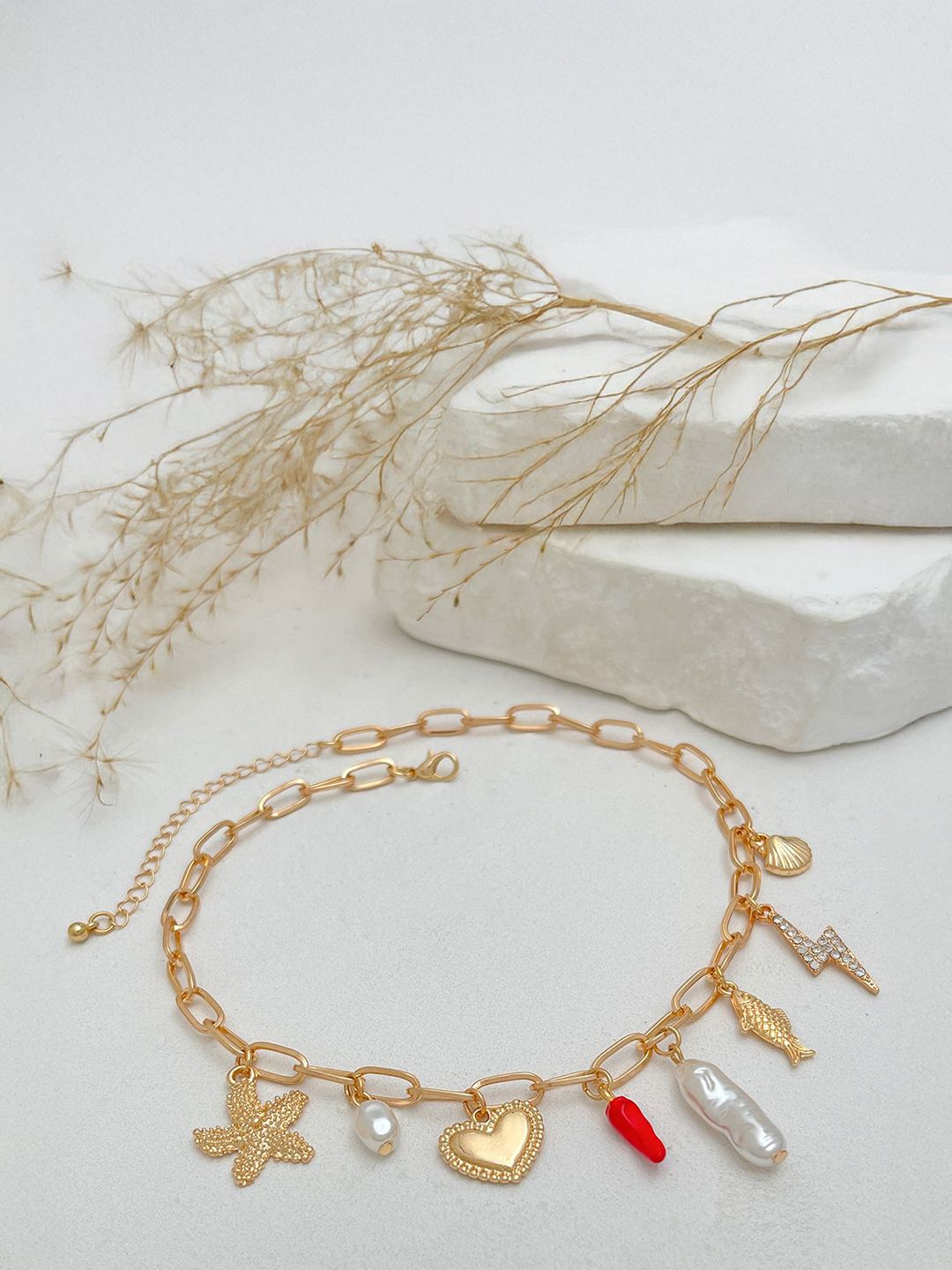 Gold-Plated Artificial Stones Studded & Beaded Statement Link Chain