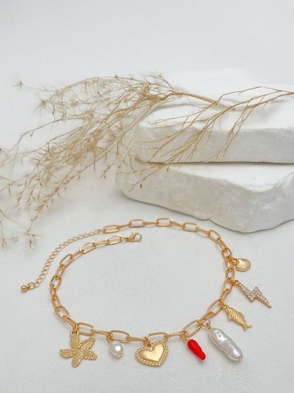 Gold-Plated Artificial Stones Studded & Beaded Statement Link Chain