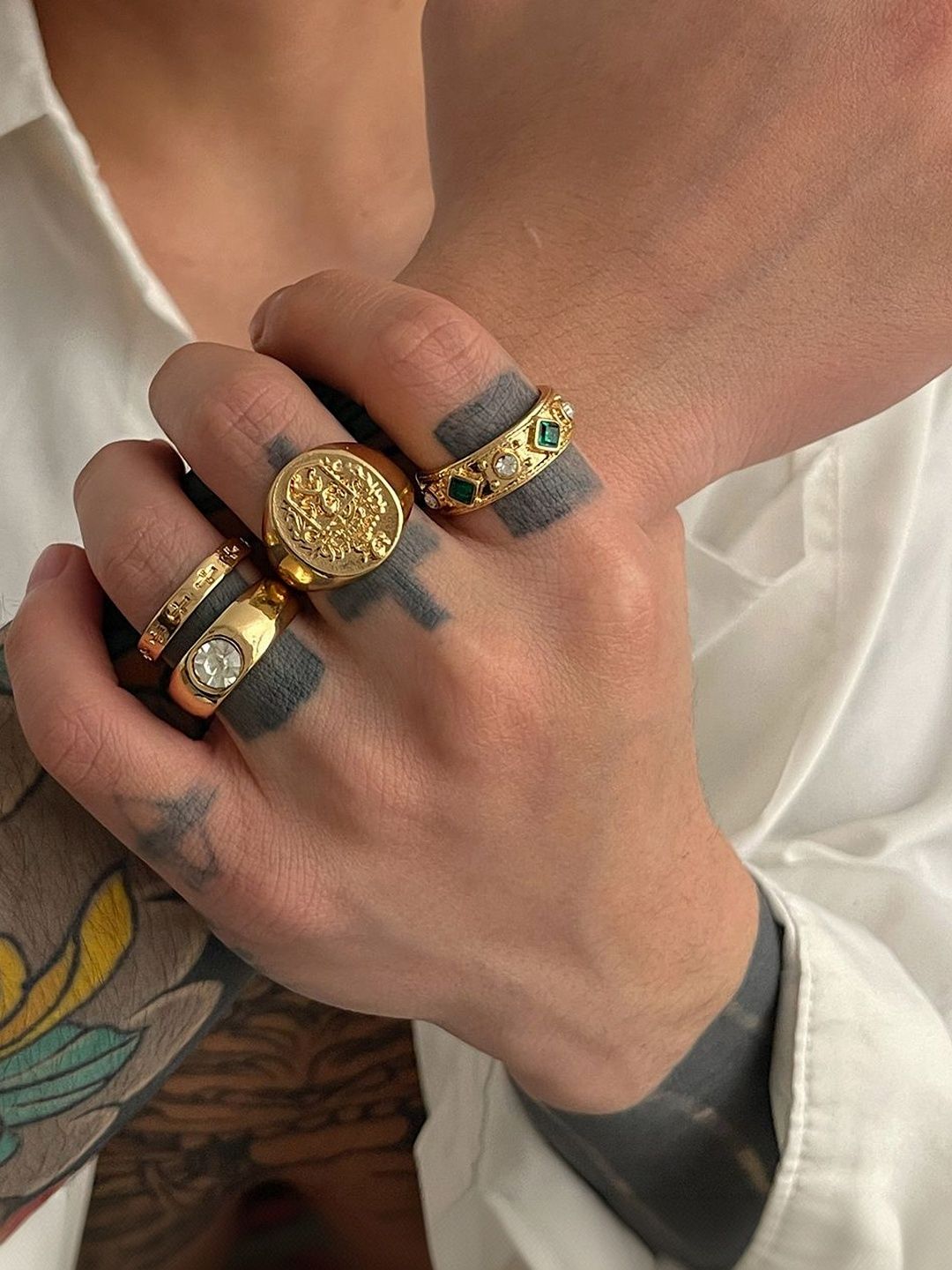 Men Set Of 3 Gold-Plated Artificial Stones Studded Finger Rings