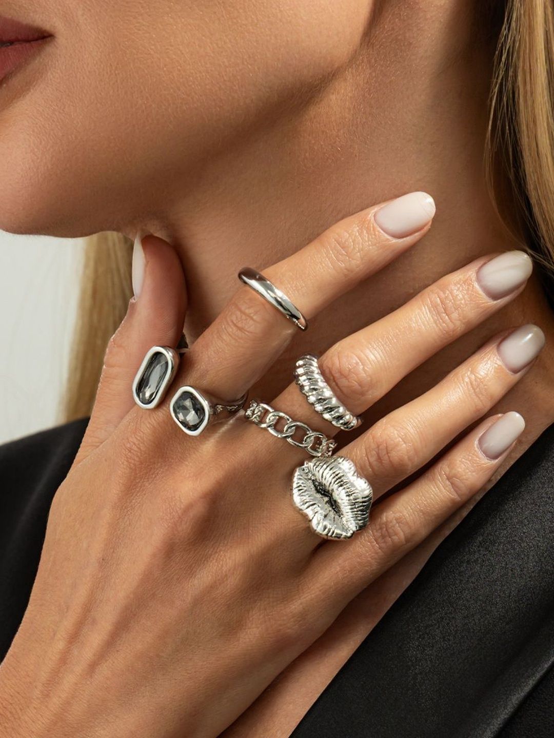Set of 5 Silver-Plated Finger Ring