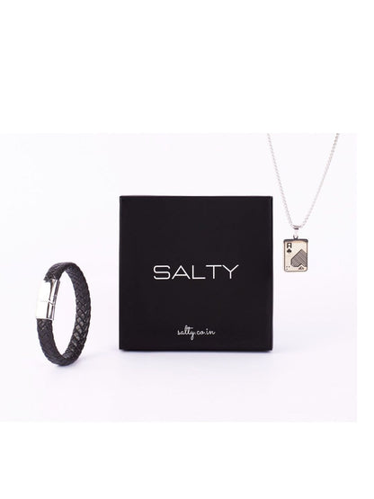 SALTY Stylish Ace Chain & Avrum Black Leather Bracelet Jewellery Set