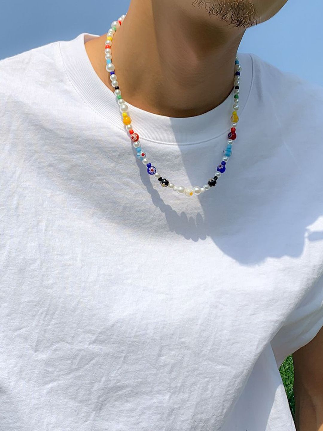 Silver-Plated Artificial Beaded Minimal Necklace