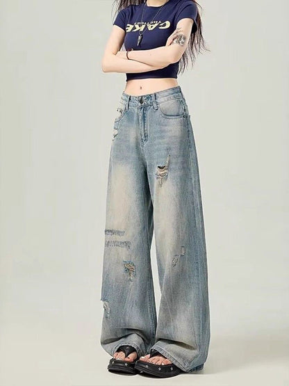 Women Wide Leg Mid-Rise Mildly Distressed Light Fade Jeans