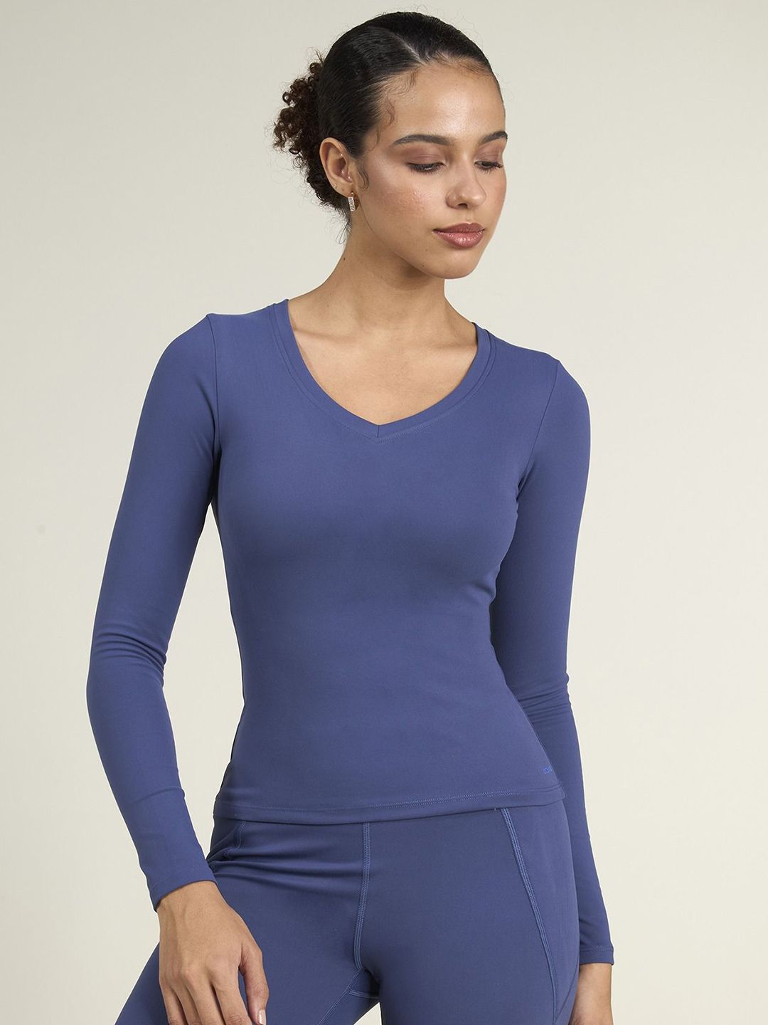 Navy Women Sculpt Snug Fit V-Neck Full Sleeves Fitted Top
