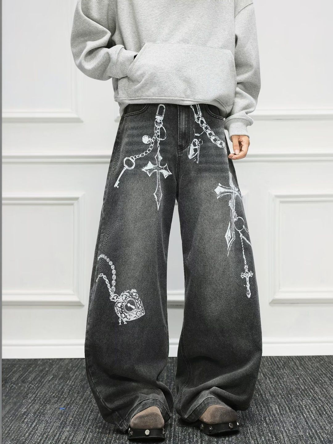 Men Wide Leg Mid-Rise Light Fade Printed Jeans