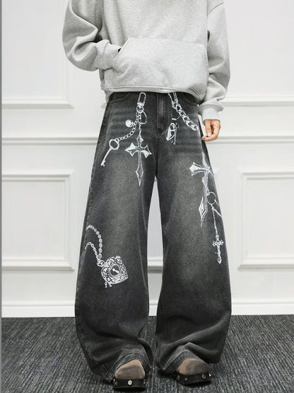 Men Wide Leg Mid-Rise Light Fade Printed Jeans