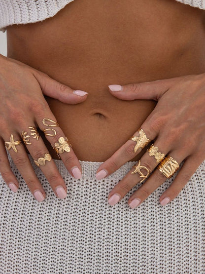 Women Set Of 9 Gold-Plated Finger Rings