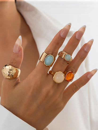 Set Of 5 Gold-Plated Stone Studded Finger Ring