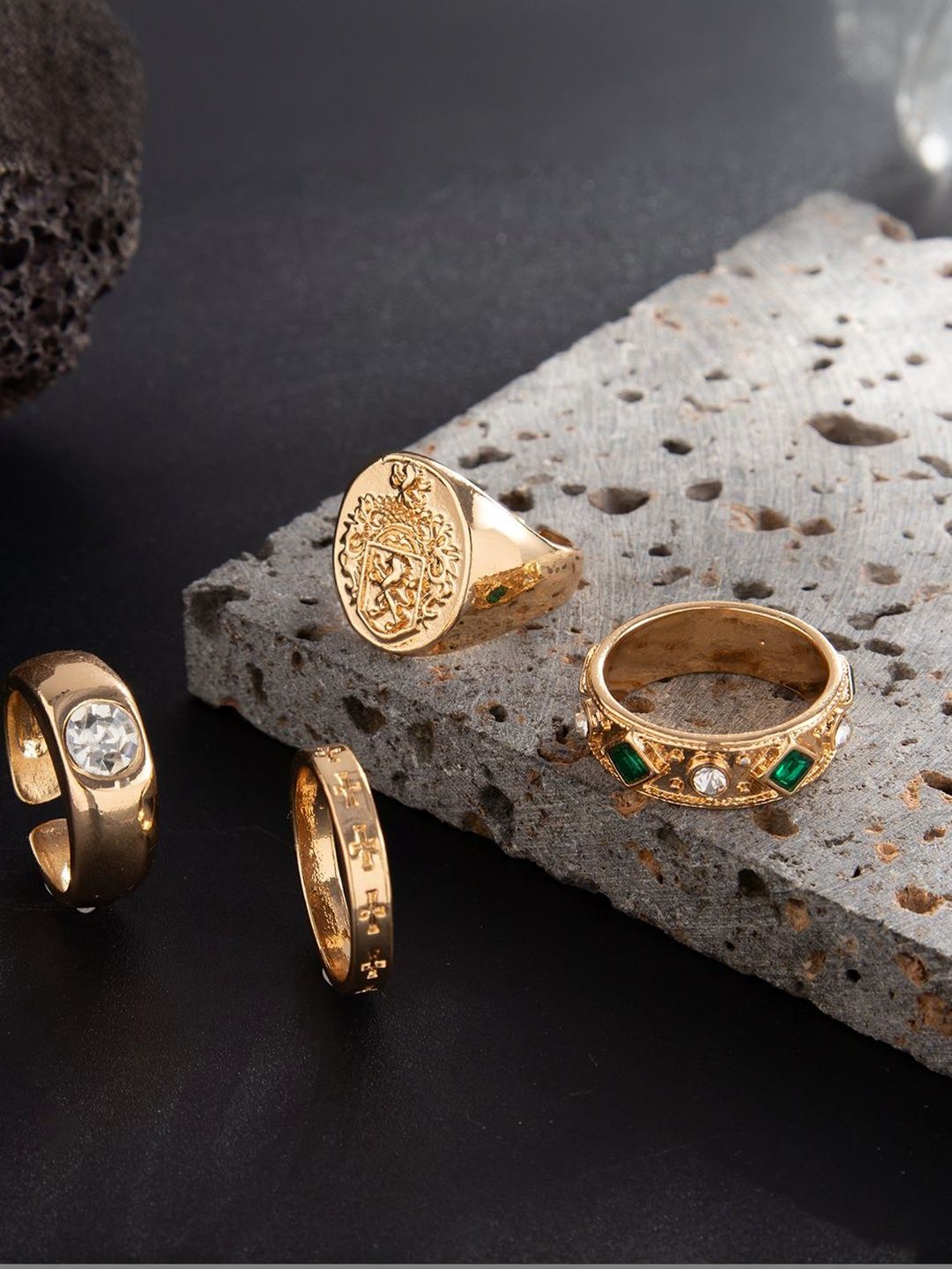 Men Set Of 3 Gold-Plated Artificial Stones Studded Finger Rings