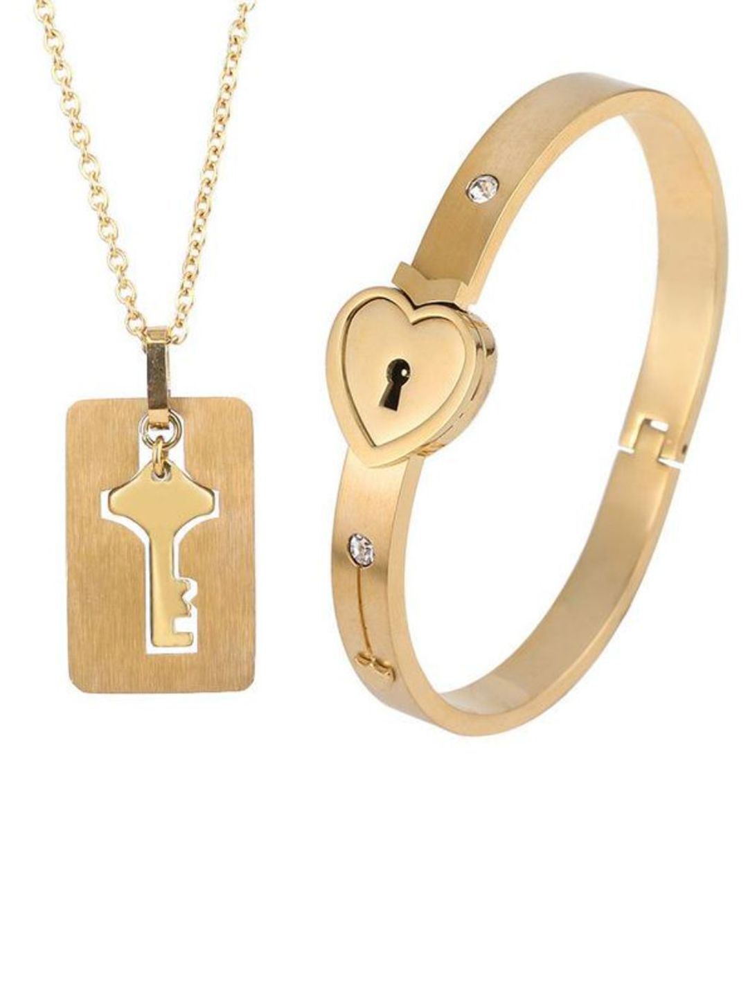SALTY Stainless Steel Golden Lock & Key Love Bracelet & Necklace Set for Women & Girls