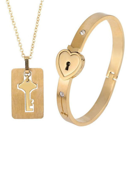 SALTY Stainless Steel Golden Lock & Key Love Bracelet & Necklace Set for Women & Girls