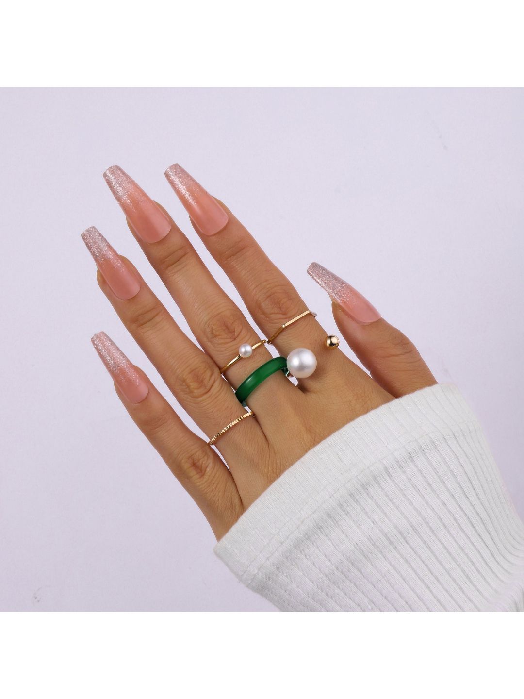 SALTY Set Of 5 Emerald Pearl Stylish Adjustable Finger Ring