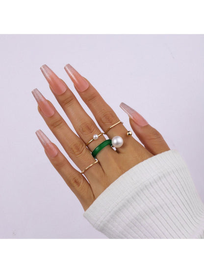 SALTY Set Of 5 Emerald Pearl Stylish Adjustable Finger Ring