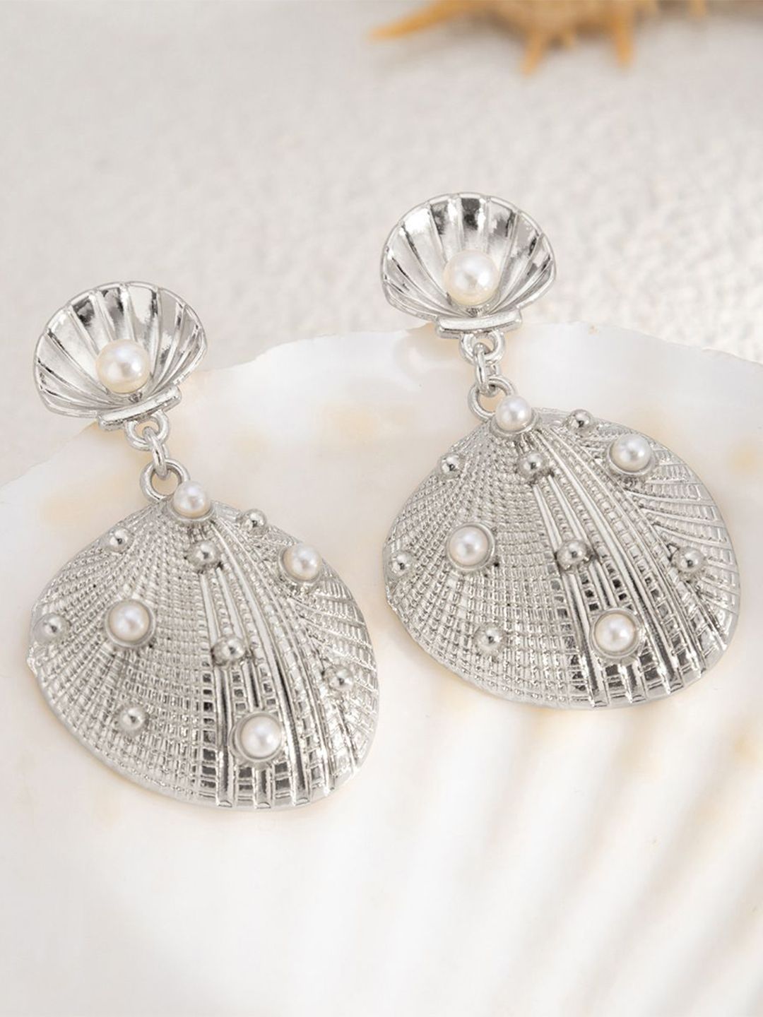 Silver Plated Pearls Beaded Contemporary Drop Earrings