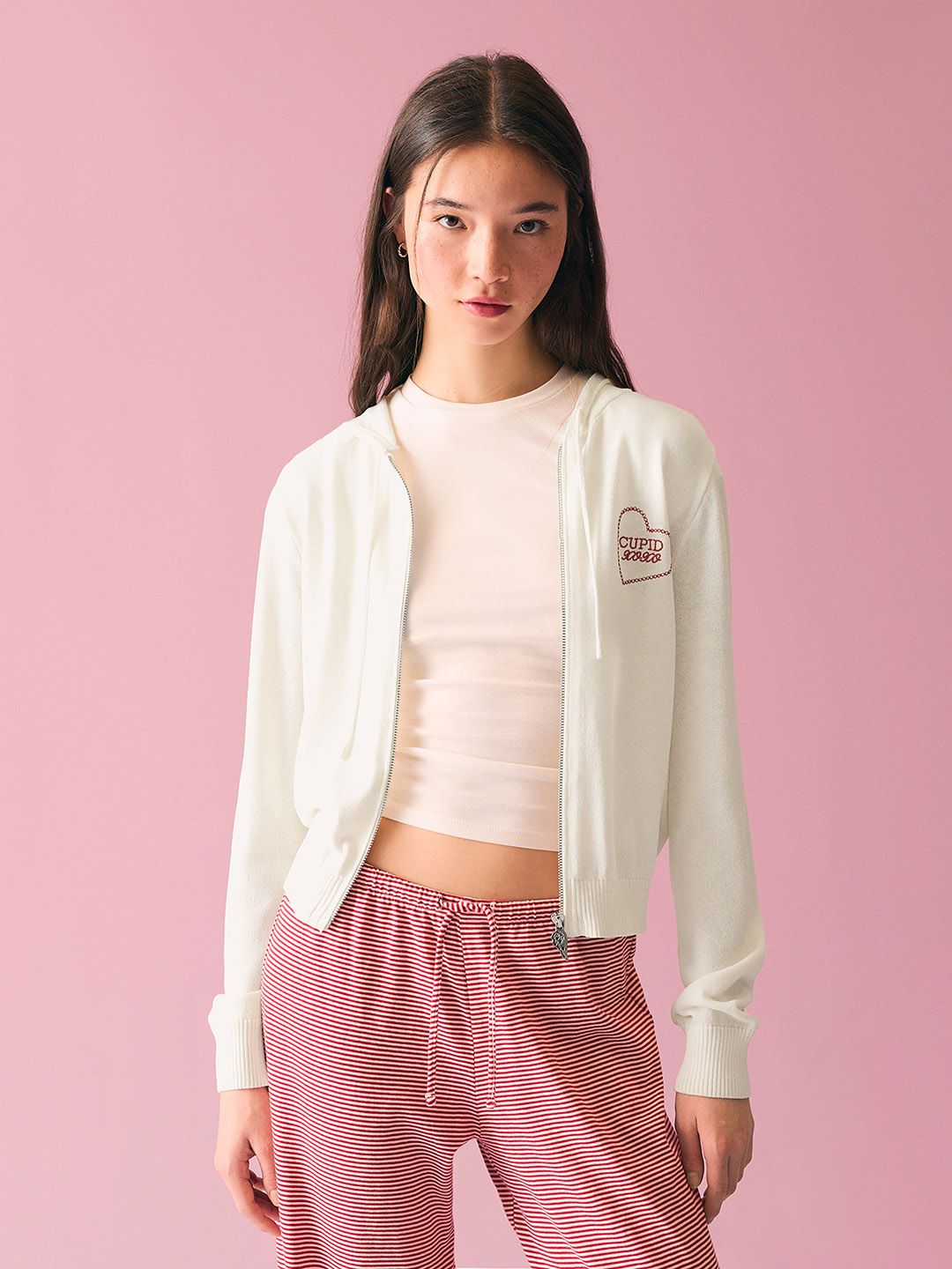 Zip-up print hood sweatshirt