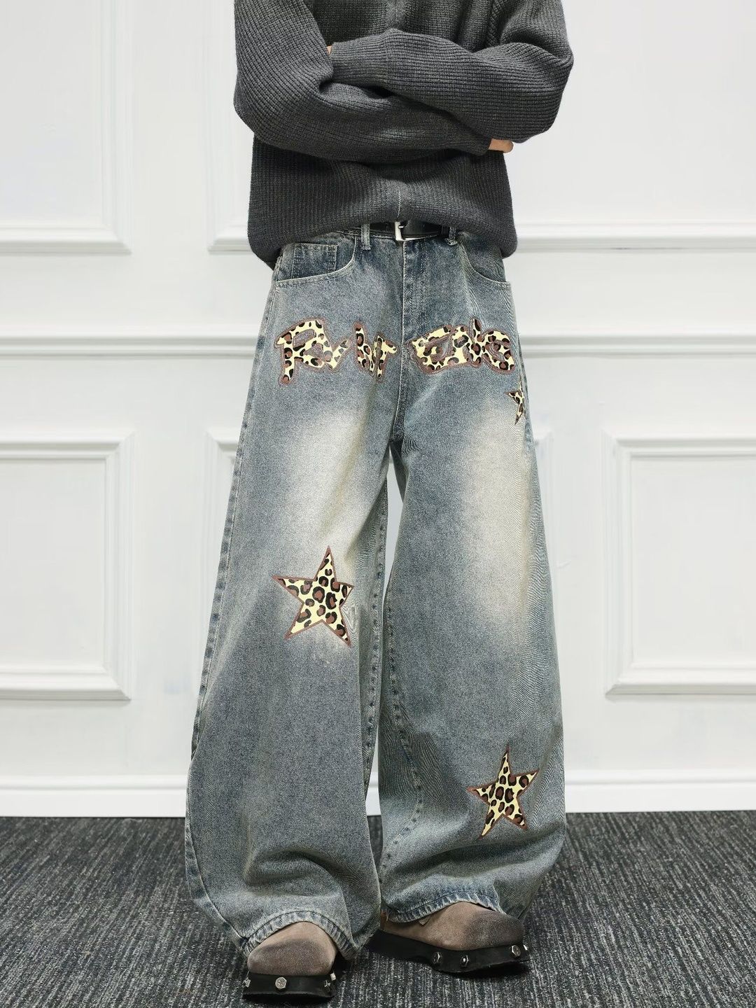 Men Wide Leg Mid-Rise Light Fade Printed Jeans