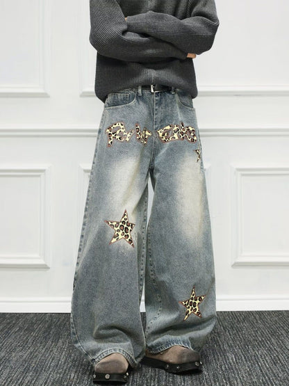 Men Wide Leg Mid-Rise Light Fade Printed Jeans