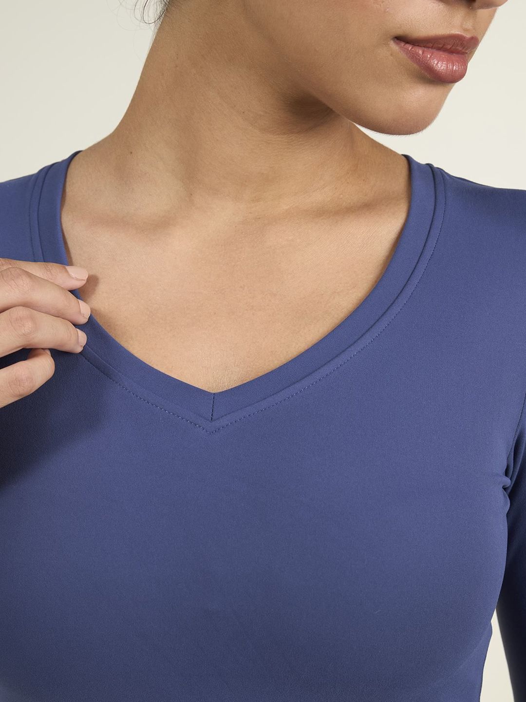 Navy Women Sculpt Snug Fit V-Neck Full Sleeves Fitted Top