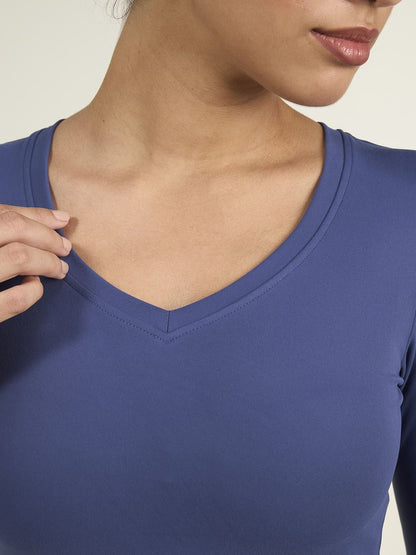 Navy Women Sculpt Snug Fit V-Neck Full Sleeves Fitted Top