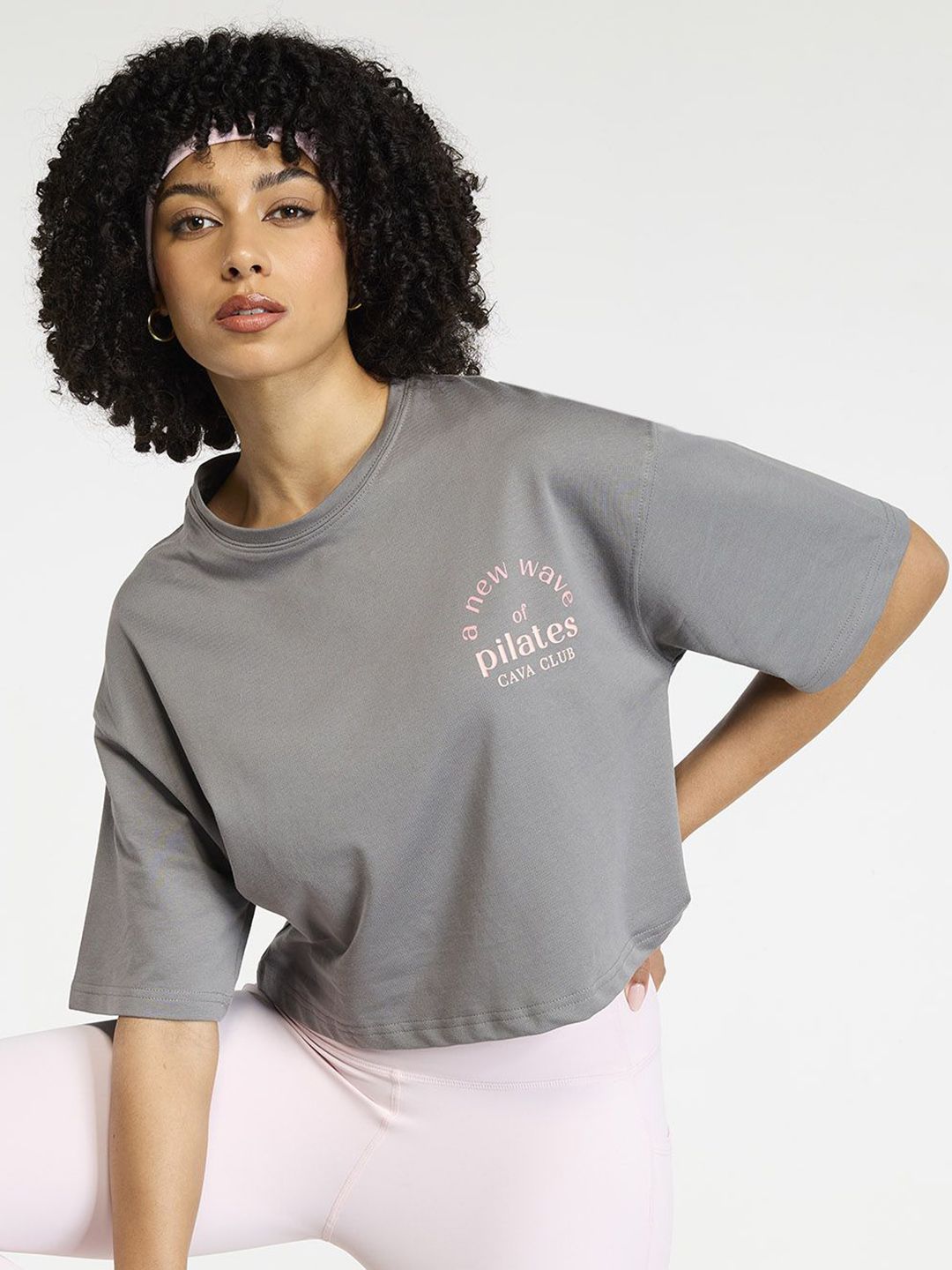 Women Grey-Pink Pilates Core Cropped Cotton Boxy Tee