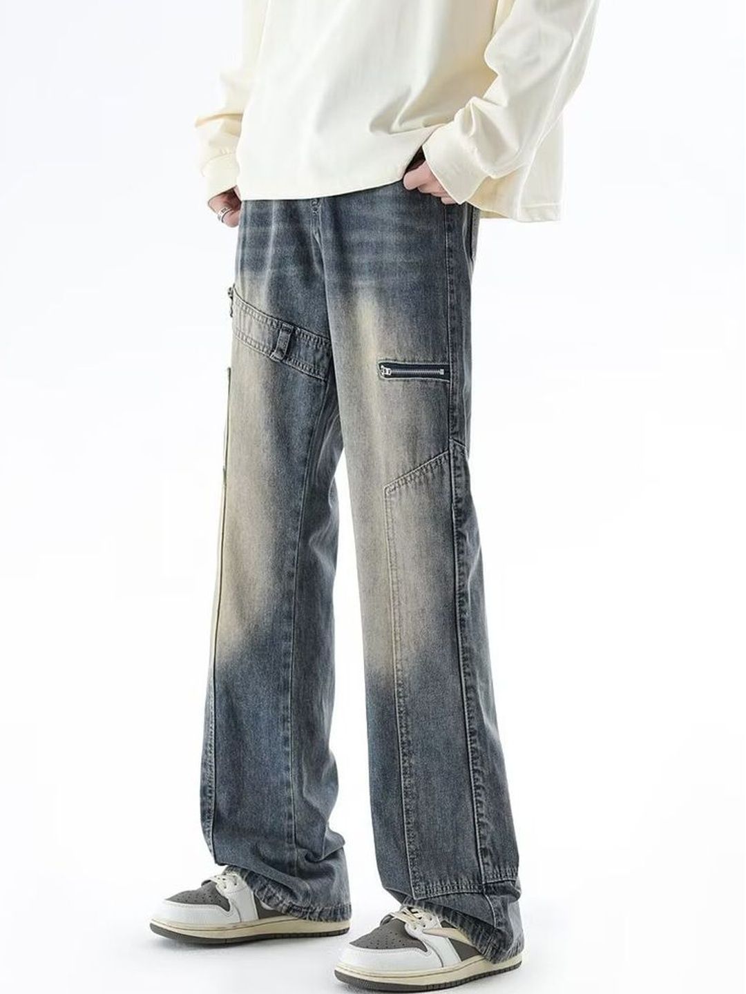Men Wide Leg Mid-Rise Medium Shade Jeans