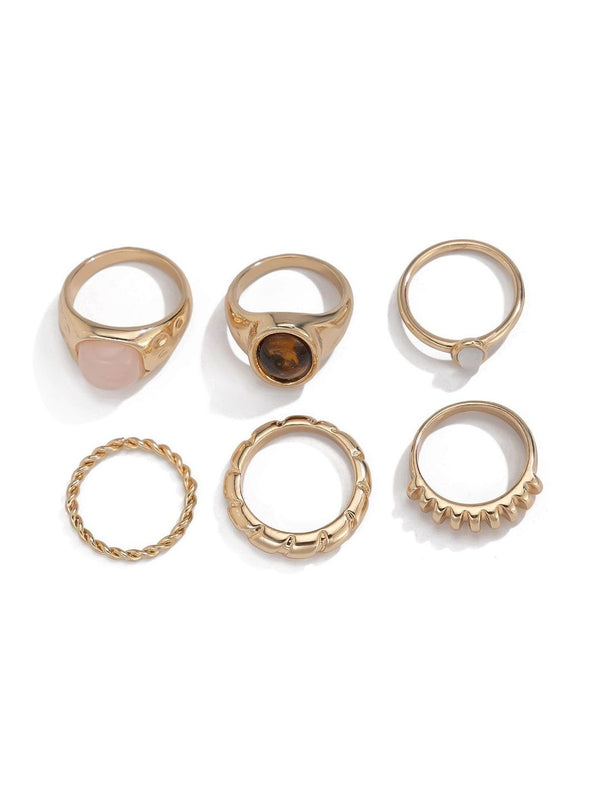 Set of 6 Gold-Plated Stone-Studded Finger Ring