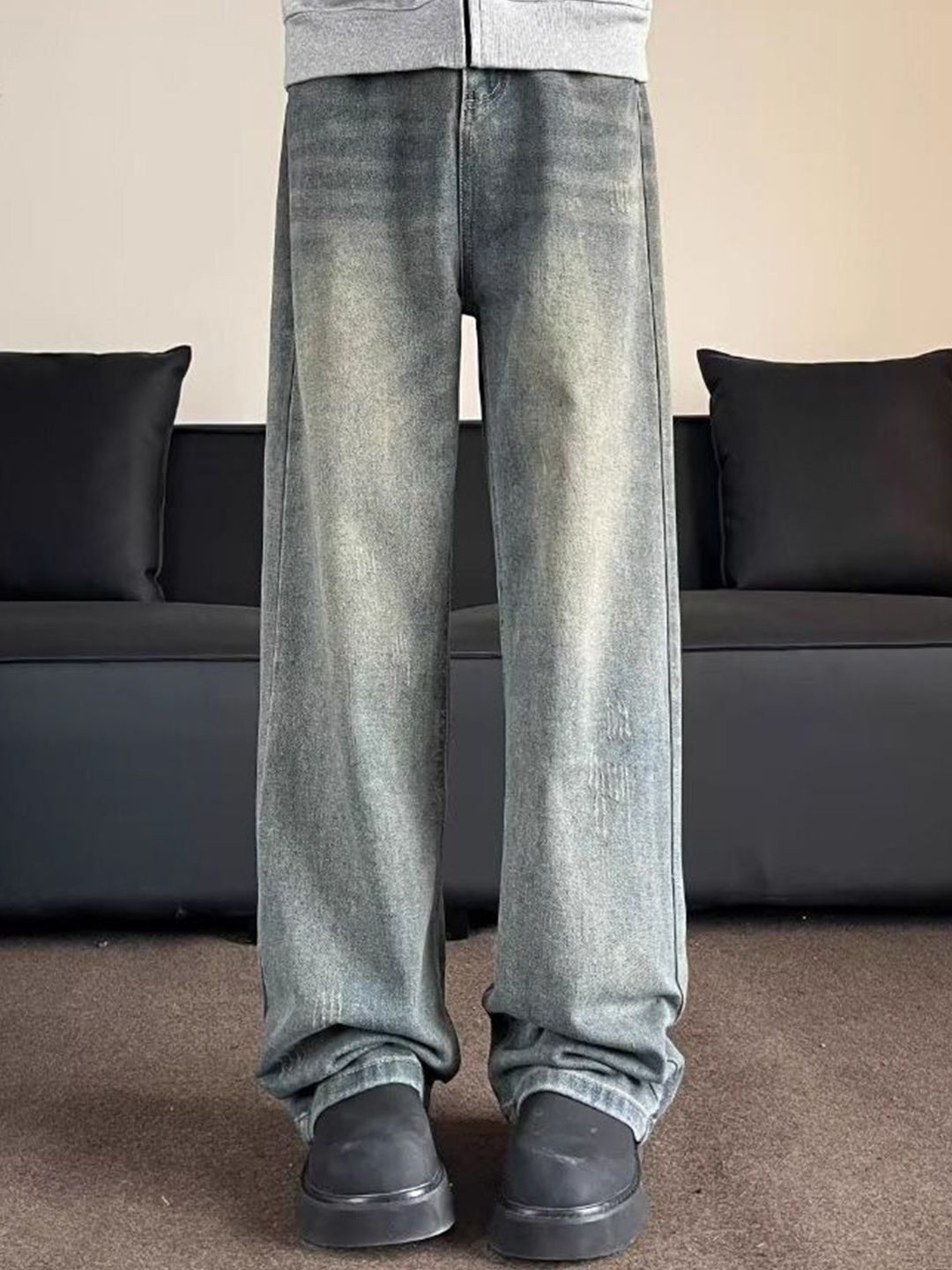 Men Wide Leg Mid-Rise Medium Shade Jeans