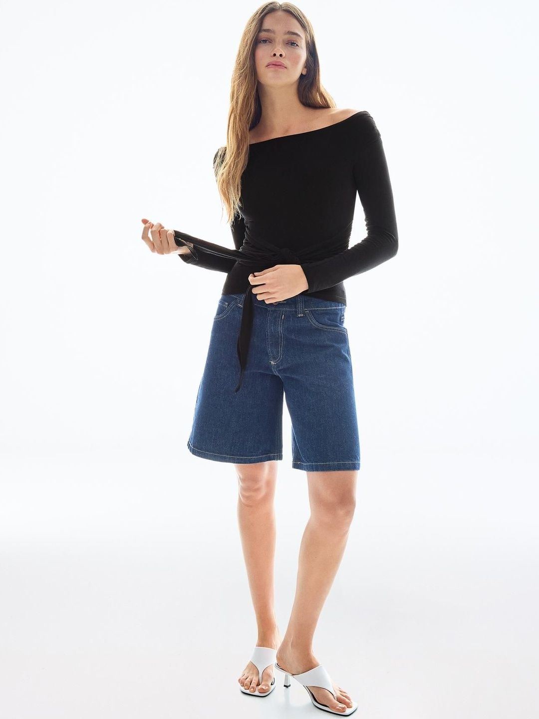 Asymmetric long sleeve T-shirt with tie