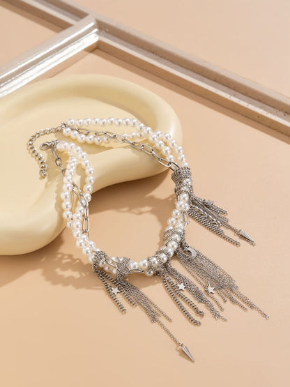 Silver-Plated Pearls Beaded Tasselled Statement Necklace
