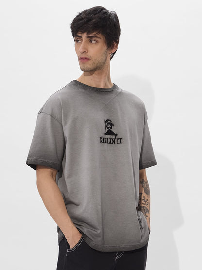 Men Printed Grey Cotton Oversized Fit T-Shirts
