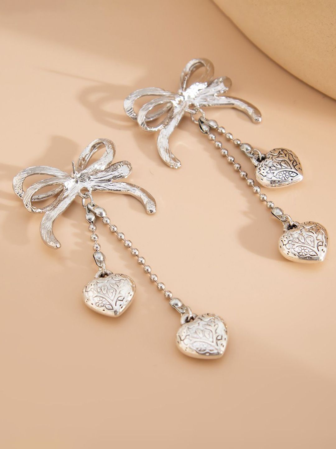 Silver-Plated Artificial Stones Studded & Beaded Heart Drop Earrings