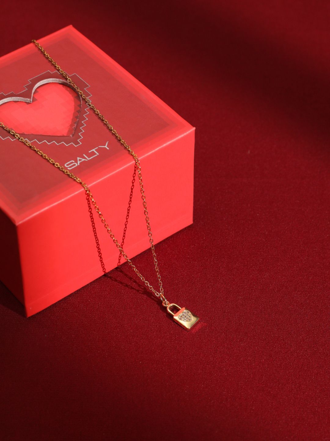 SALTY Stone Studded Stainless Steel Love Lock Charm Pendant & Chain Jewellery Accessories